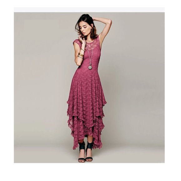 Waterfall Hem Dress - Double Layered Lace Maxi - Maroon - Picture 2 of 6